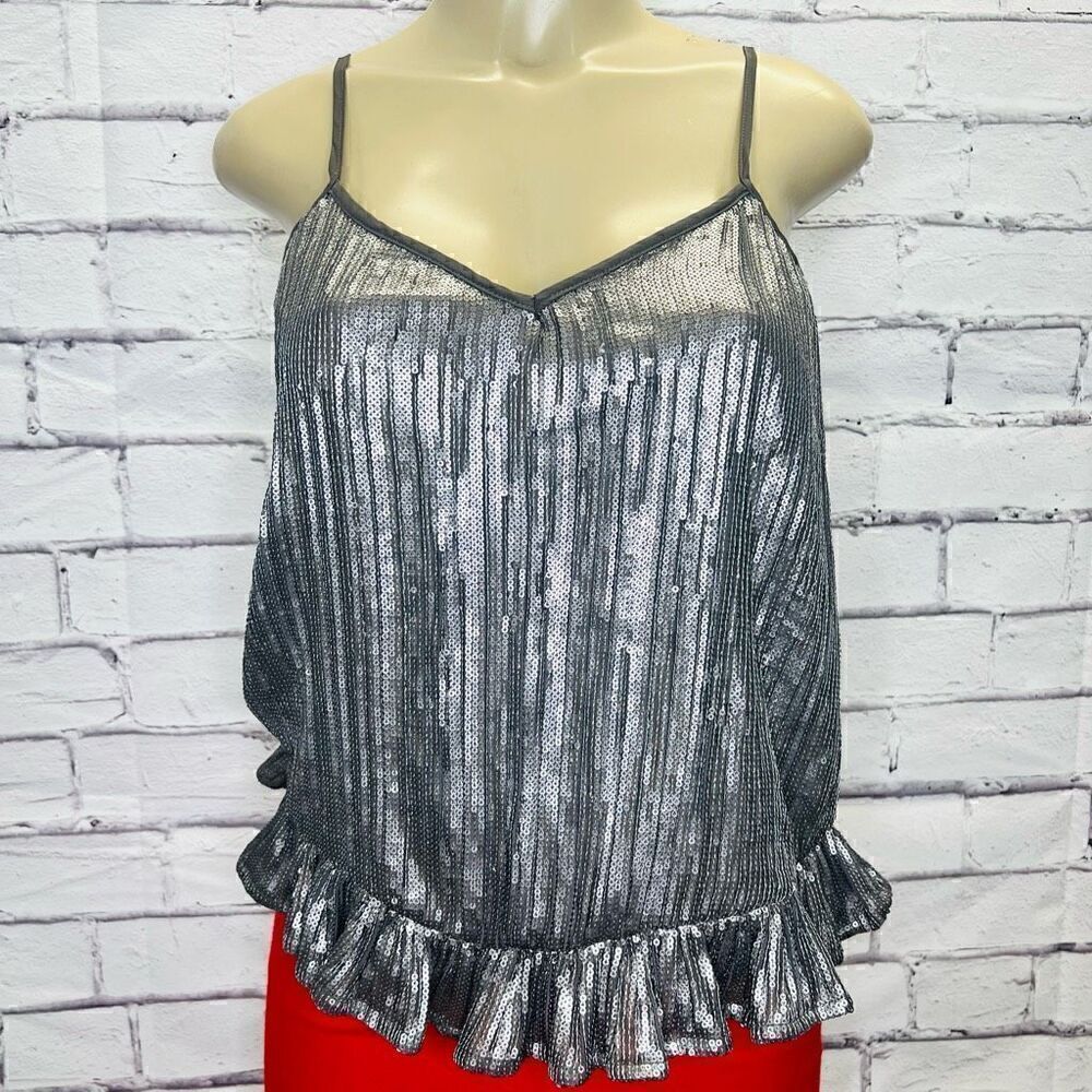 Anthropologie Womens Silver And Gray Sequin Peplum V-Neck Camisole Size 0